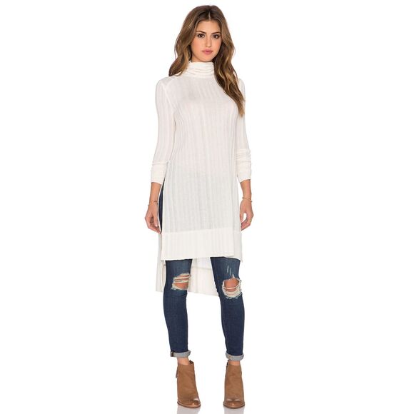 FREE PEOPLE | WE THE FREE Cream Espresso Rib Top Long Sleeve High Low Dress L - Picture 1 of 9